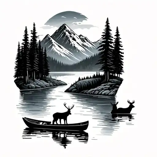 Mountain Landscape With A River Deers A Row Boat And A Bear