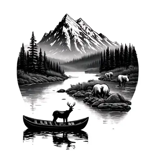 Mountain Landscape With A River Deers A Row Boat And A Bear