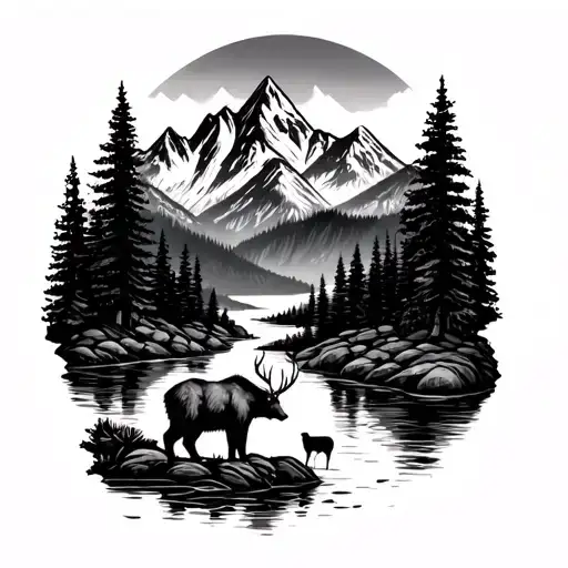 Mountain Landscape With A River Deers And A Bear