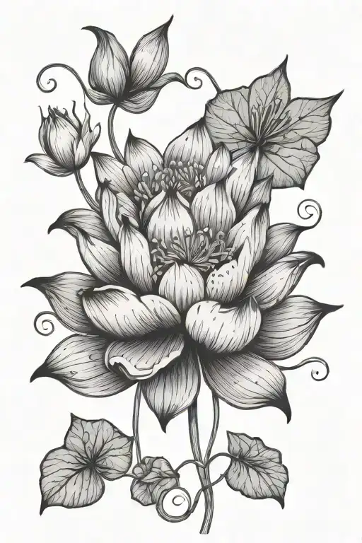 Five Pointed Lotus Flower With Small Sweet Pea Tendrils Coming Out Of It