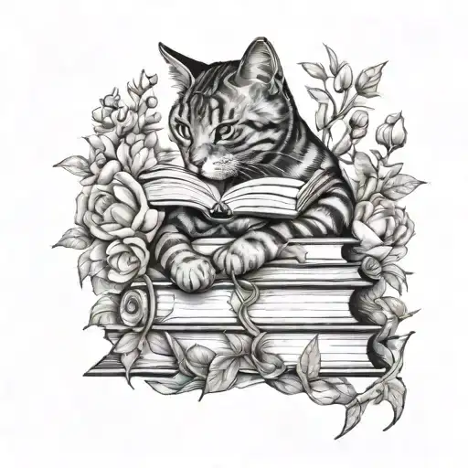 Books And Cat Surrounded By Flowers Intertwined