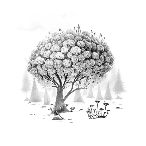 A Detailed Black And Grey Tattoo Of A Tent Surrounded By Wildflowers