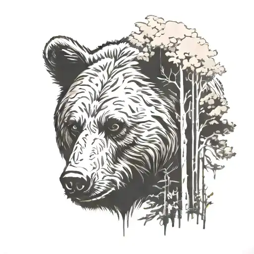 Bear Face In Forest Scene
