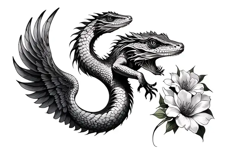 Flowers And Bearded Dragon Wrapping Wings Around Yin