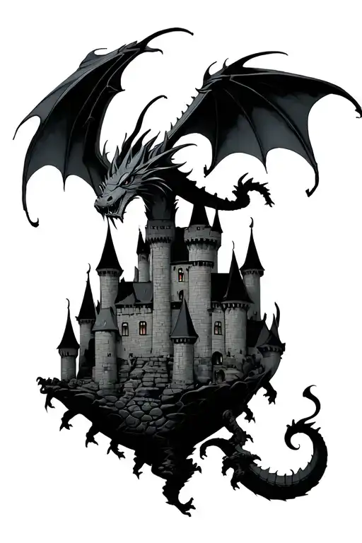 Dragon Flying Beside Medieval Style No To Dark Floating Castle