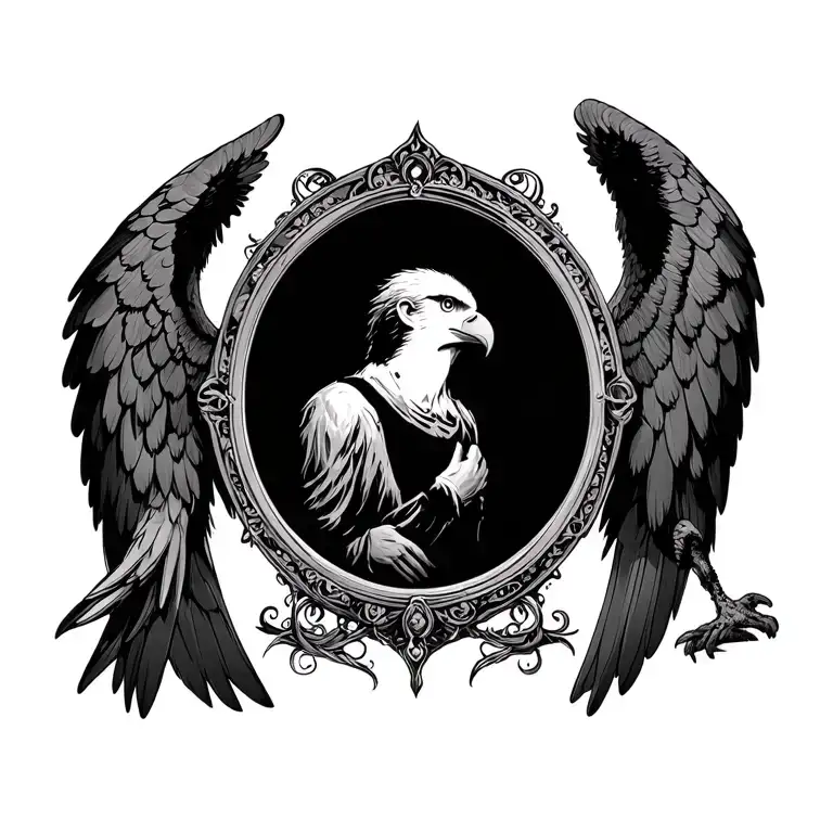 Two Open Eagle Wings With A Mirror In The Middle And Inside The Mirror Of A Trapped Person