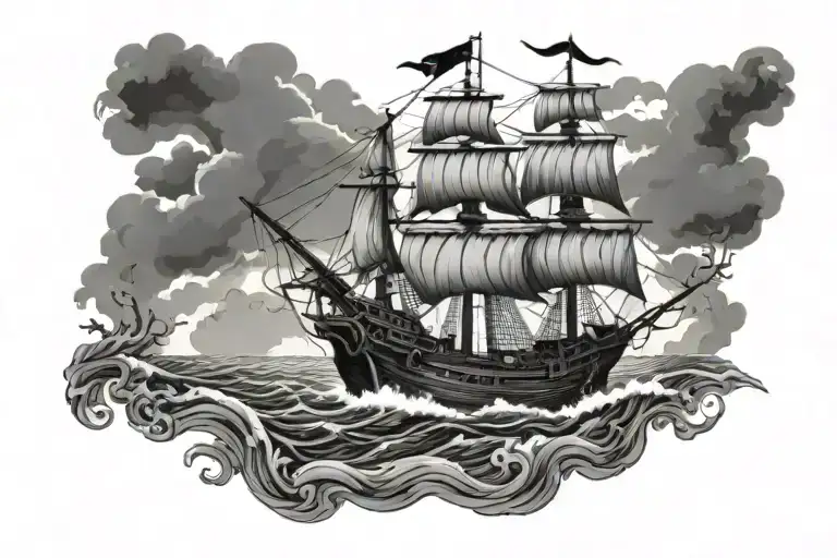 Zombie Pirate Ship Sailing Through Stormy Seas