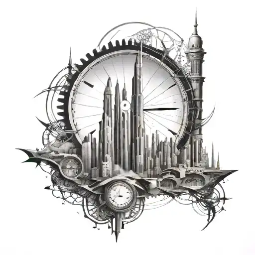 A Futuristic Cityscape Of Dubai With A Large Clock Tower As The Focal Point