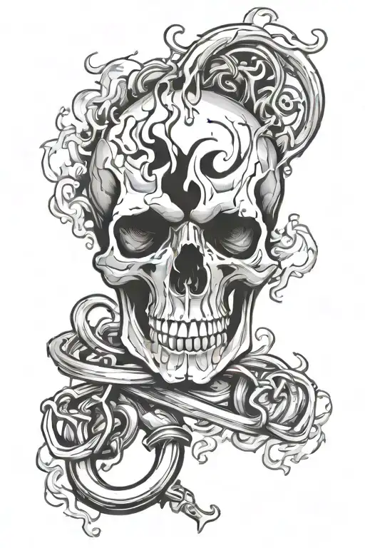 Tattoo With Broken Shackle On Fire Where Smoke Forms A Skull