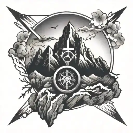 Mountain Peak With A Cross And Compass Surrounded By Lightning
