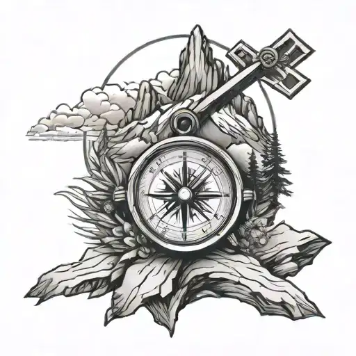 Mountain Peak With A Cross And Compass
