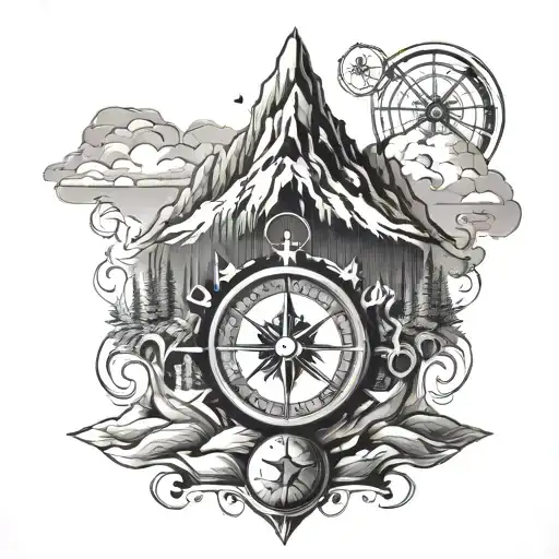 Mountain Peak With A Cross And Compass