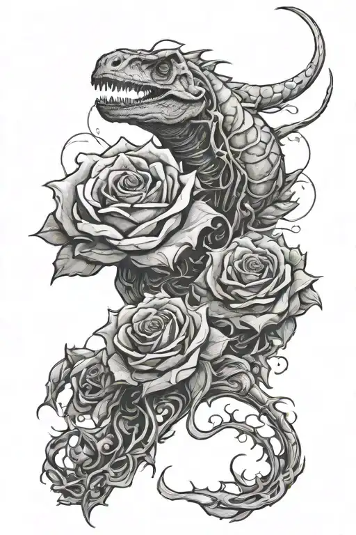 Full Rose Sleeve Design With Spaces In Between For Random Dinosaur Tattos
