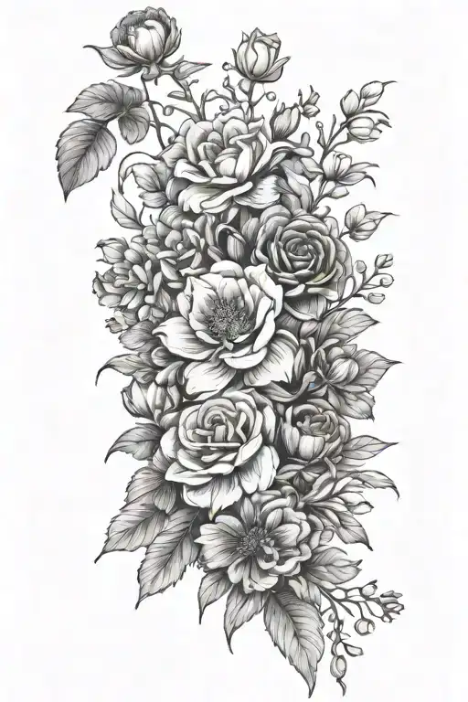 Flower Bouquet Fine Line With Birth Flowers Of January May October And September