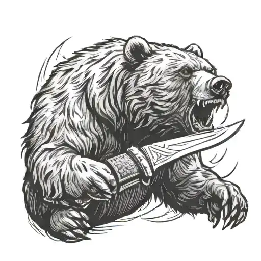 Bear With Knife Held In Mouth