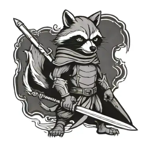 Racoon Knight Holding Sword Woodcut Style