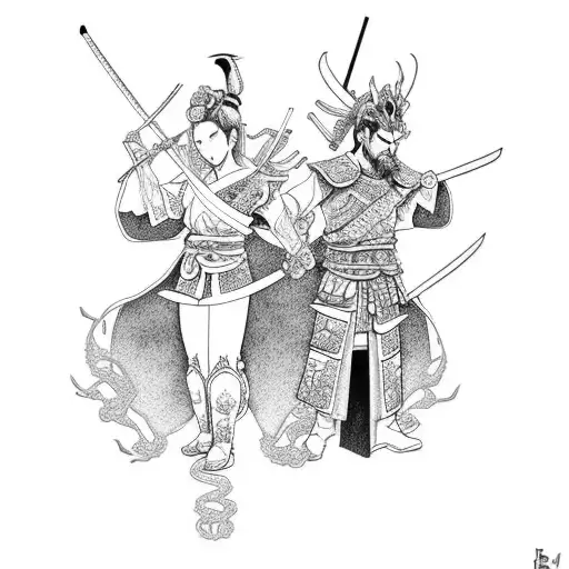 Leg Sleeve With Dragon Samurai & Warrior Geisha Girl