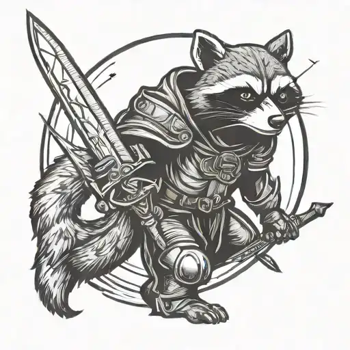 Racoon Knight Holding Sword Woodcut Style