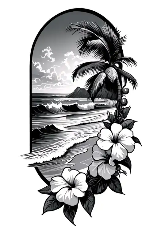 Beach With Ocean Waves Crashing With Hibiscus Vine On The Right Side And Palm Tree
