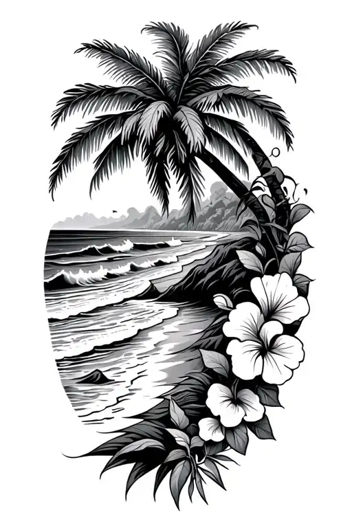 Beach With Palm Tree And Ocean Waves Crashing With Hibiscus Vine On The Right Side