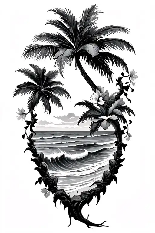 Island Beach With Palm And Ocean Waves Crashing With Hibiscus Vine