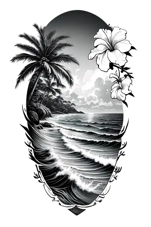 Ocean Waves Crashing On Island Beach With Palm And Hibiscus Vine On Right