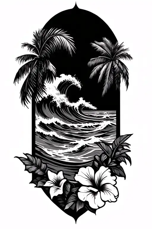 Ocean Waves Crashing On Island Beach With Palm And Hibiscus Vine On Bottom Right