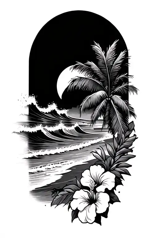 Ocean Waves Crashing On Beach With Palm And Hibiscus Vine On Bottom Right