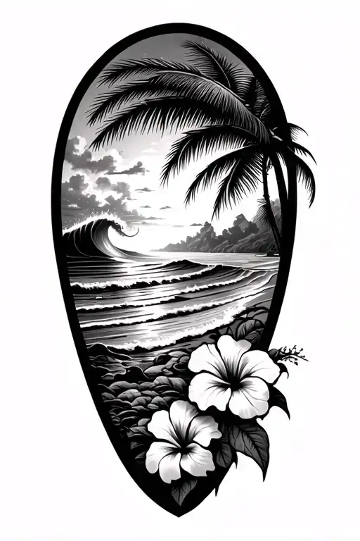 Ocean Waves Crashing On Beach With Palm On The Left And Hibiscus Vine On Bottom Right