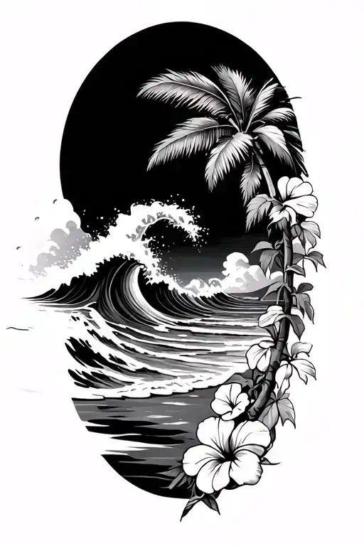 Ocean Waves On Beach With Palm And Hibiscus Vine On Right