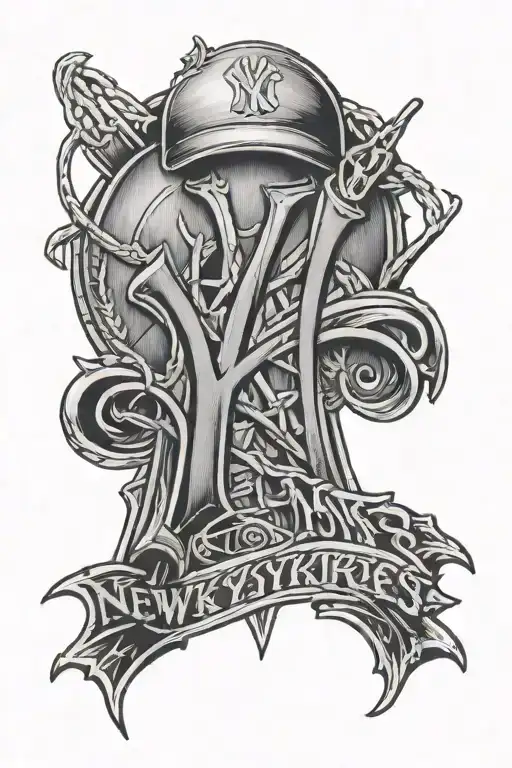 A Detailed Black And Grey Tattoo Of The New York Yankees Logo With A Heartbeat Line
