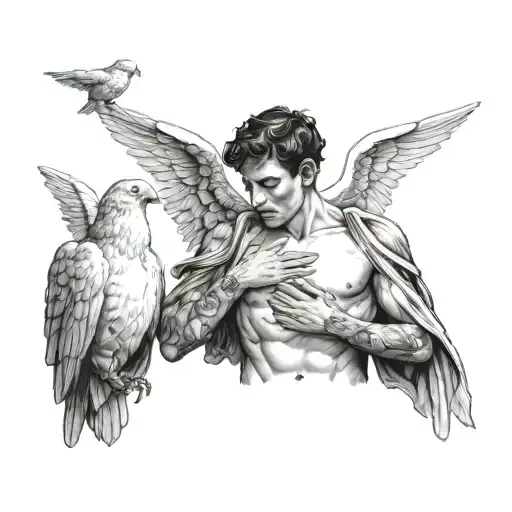 Three Angels Blind Deaf And Dumb Baby With White Birds Projected On The Side Of The Male Chest