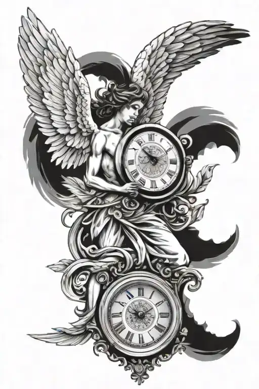 Angel With Large Wings Surrounding 2 Clocks Side By Side