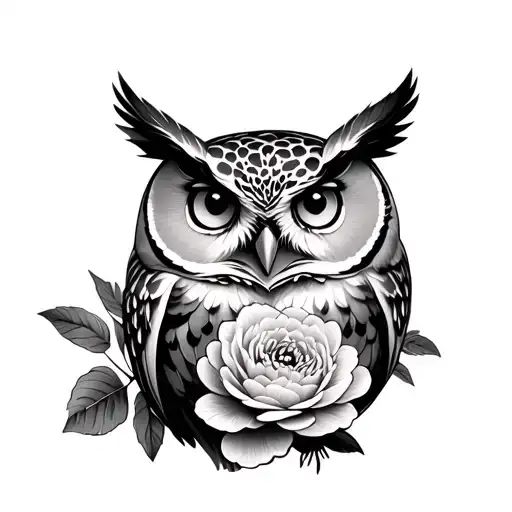 Realism Owl With Peony Flowers