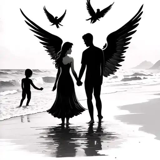 Husband And Wife Holding Hands At The Beach With One Baby Boy Angel Flying At Their Back