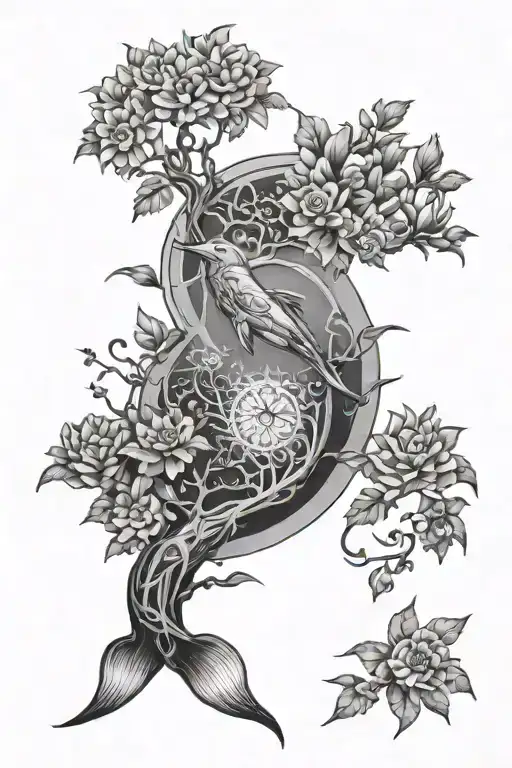 Spine Tatto With Dophin Sun Tree Of Life And Flowers