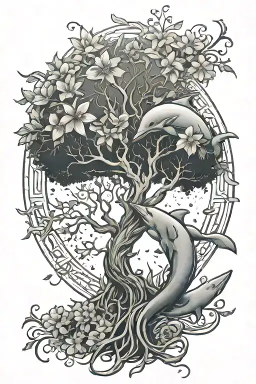 Spine Tatto With Dophin Sun Tree Of Life And Flowers