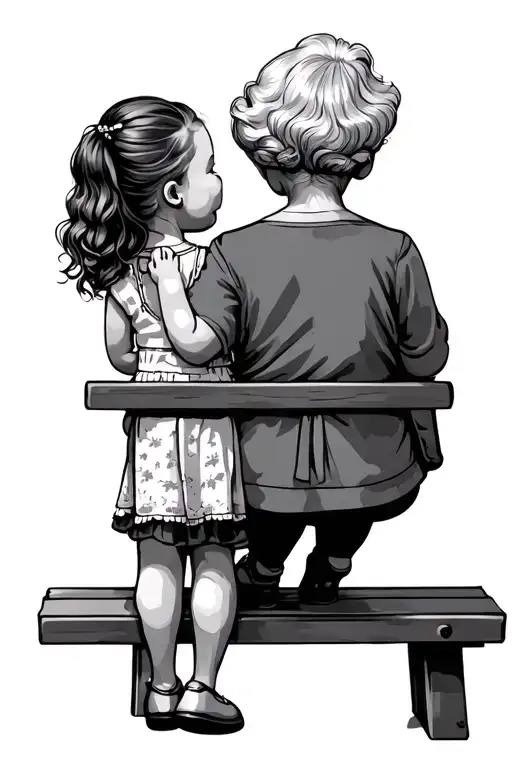 Grandma And Granddaughter Sitting On Bench From Behind