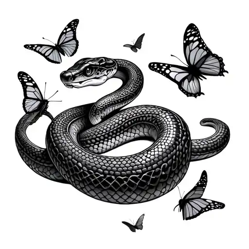 A Swivelling Snake With Multiple Butterflies Flying Around It
