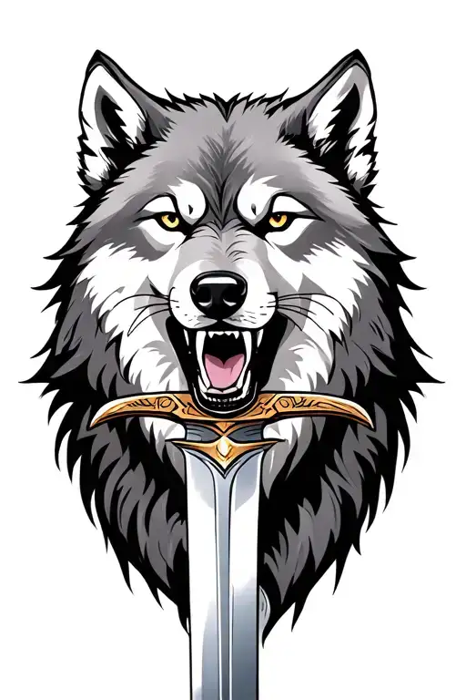 Great Grey Wolf With A Sword In Her Mouth