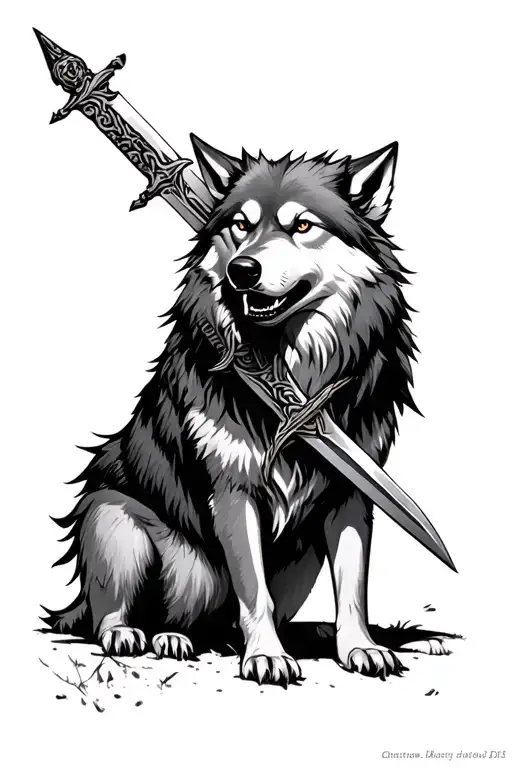 Great Grey Wolf With A Sword In Her Mouth