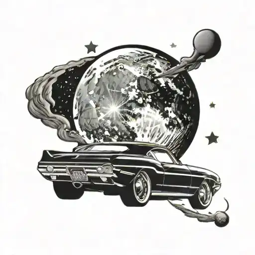 A Sleek Black Car Speeding Through A Starry Night Sky With A Giant Moon In The Background