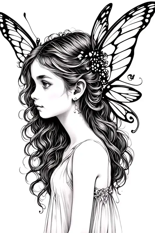 Moth Wings Fairy Girl Side Profile Simple Line Work
