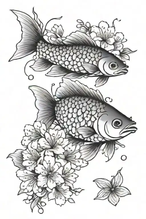 Koy Fish And Cherry Blossoms