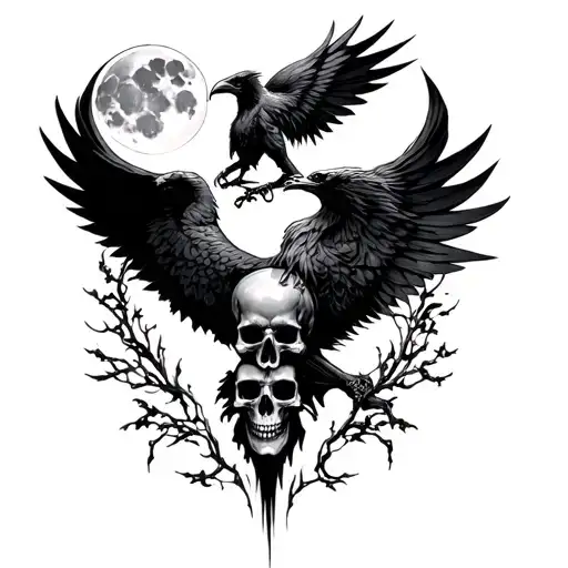 Satanist And Phoenix And Skull And Moon And Raven