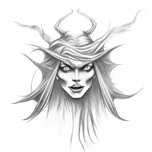 A Witch Casting Spells With A Background Of Lucifer's Silhouette