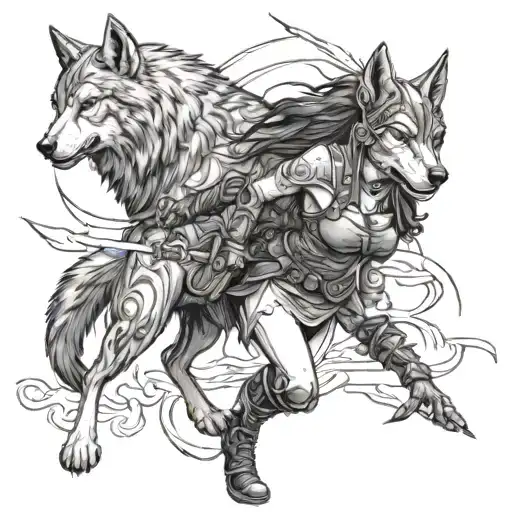 A Girl Warrior On The Prowl With A Wolf Protector Behind Her In A Gothic Style