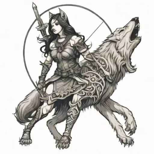 A Girl Warrior On The Prowl With A Wolf Protector Behind Her In A Gothic Style