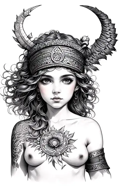 Semi -Naked Girl Sagittarius With A Kokoshnik On The Head Whose Hair Closes Her Chest