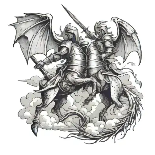 Background Tattoo Knights Fighting Dragons Flying In The Sky On A Battlefield